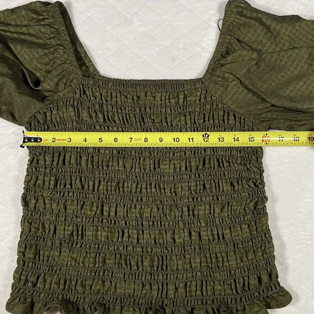 Old Navy Women's Lg Top Green Smocked Square Neck Puff Sleeve Milk Maid Cottage